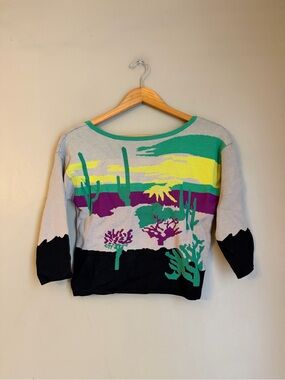 TRACY REESE sweater top  Cactus Desert 3/4 Sleeve Open Back Cropped Western